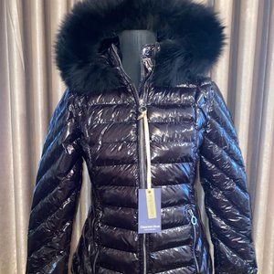 NEW Shiny Black Puffer Jacket Sizes S,M Real Fox Fur Hood Faux Down Coat